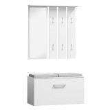 Set cuier si pantofar cu oglinda SL P001, Pal Melaminat, 6 agatatori, banca, spatiu depozitare, alb