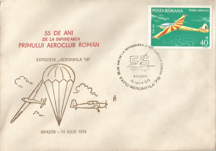 Rom&acirc;nia, 55 de ani de la &icirc;nfiinţarea primului aeroclub rom&acirc;n, plic, Braşov, 1978