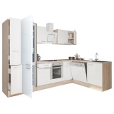 Mobilier de bucătărie de colț Yorki 310, cu corp din stejar Sonoma, fațadă albă cu finisaj satinat, cu element inferior pentru cuptor și frigider cu c