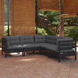 Cumpara ieftin Set mobilier grădină cu perne, 5 piese, negru, lemn masiv pin