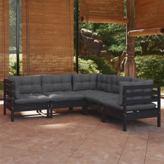 vidaXL Set mobilier grădină cu perne, 5 piese, negru, lemn masiv pin 3096675