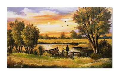 Tablou pictat manual, Pescarul norocos, apus de soare, 100x60cm ulei pe panza, Constantin Feraru foto
