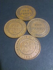 Lot 4 monede Australia, One 1 penny 1922 + 1923 + 1924 + 1927, stare FB (poze). Discount conform descriere [10 - 20 %. Vezi descrierea.].
