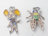 Pandantive vintage haioase din argint si email - soricel si insecta