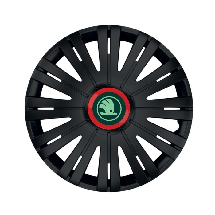 Set 4 Capace Roti pentru Skoda Nou Verde, model Active Black Cu Inel Rosu, R15, SKODA