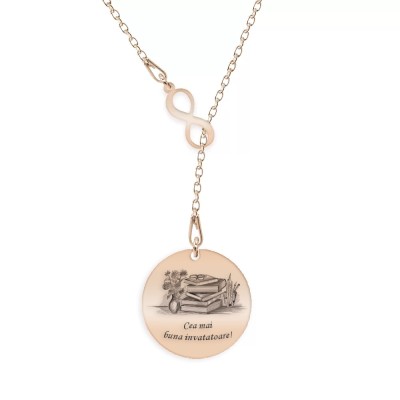Doxa - Colier personalizat asimetric invatatoare cu infinit si banut din argint 925 placat cu aur roz foto