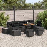 Set de 10 piese de canapea pentru gradina cu perne, poliratan negru, acacia, canapea de gradina cu 2 locuri si perne, poliratan negru, set de 3 piese