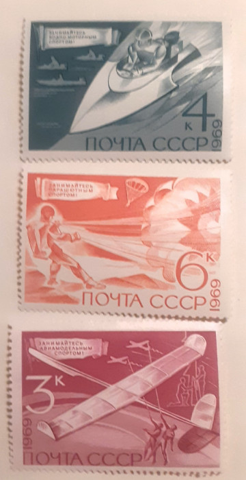 Rusia 1969 sporturi, parasutism, sporturi pe apa, serie 3v. Nestampilata