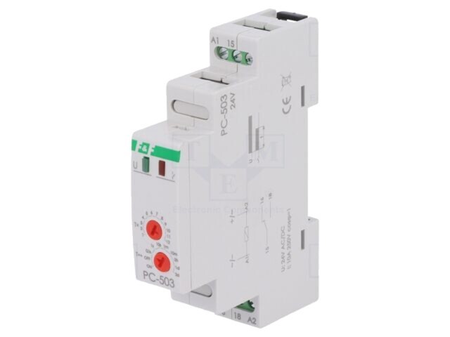 Timer F&amp;F PC-503-24V 0,1-1min NO/NC 10A 24VDC pentru șină DIN -25&divide;50&deg;C