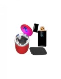 Set scrumiera rosie cu iluminare led, interior din otel inoxidabil si bricheta neagra