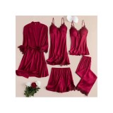 Cumpara ieftin Set Pijama De Dama 5 Piese Din Satin, Bordo - ANI114