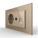 Priza dubla Livolo Schuko + TV/internet, rama din sticla aurie