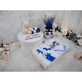 Set Trusou Botez si Lumanare, 9 Piese, cu Ursulet, Alb si Albastru, din Catifea - TB249