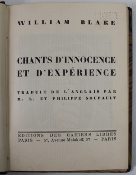CHANTS D&#039; INNOCENCE ET D &#039;EXPERIENCE par WILLIAM BLAKE, EXEMPLAR 314, O GRAVURA A AUTORULUI, 1927