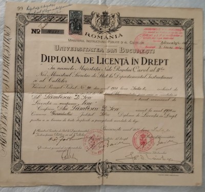 DIPLOMA DE LICENȚĂ &amp;Icirc;N DREPT. UNIVERSITATEA DIN BUCUREȘTI CU DUBLA SEMNĂTURA A LUI NICOLAE BASILESCU( INTEMEIETORUL CARTIERULUI BUCUREȘTII NOI). 1931 foto