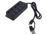 Hub USB 3.2 LOGILINK negru cu 4 porturi USB A și USB C, cablu 0,6m, alimentare externă