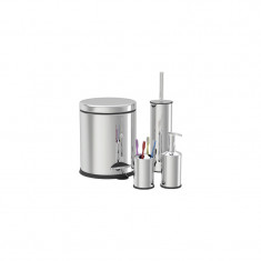 Set de baie Zilan ZLN4605, 4 in 1, Cos menajer de 3 litri, Perie WC, Suport sapun lichid, Suport periute de dinti, Inox