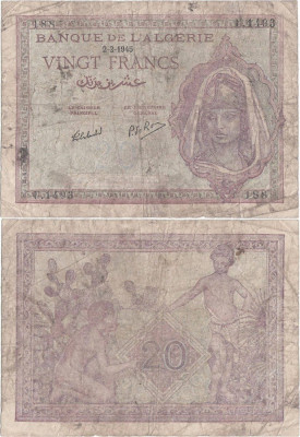 1945 ( 2 II ) , 20 francs ( P-92b.1 ) - Algeria foto