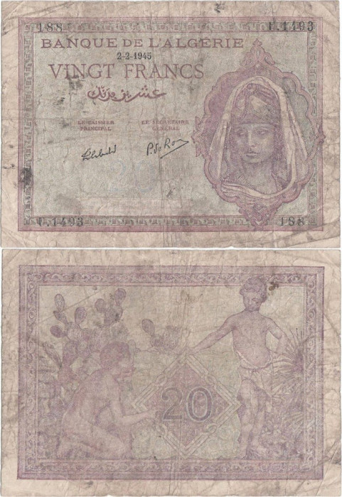 1945 ( 2 II ) , 20 francs ( P-92b.1 ) - Algeria