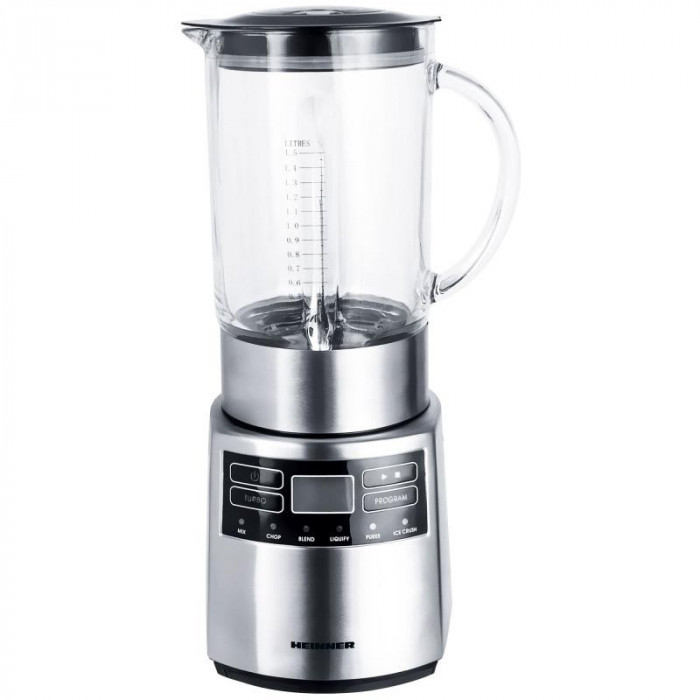 Blender Heinner Master Collection, 1000 W, 1.5 L, 6 programe, functie Pulse, display LCD, lame inox, bol sticla, Argintiu