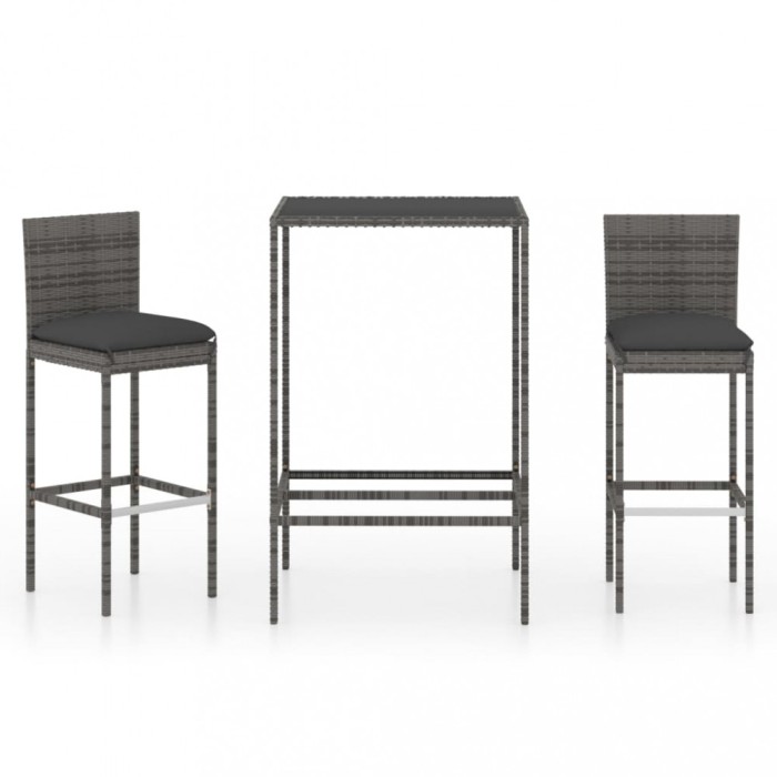 vidaXL Set mobilier bar de grădină, cu perne, 3 piese, gri, poliratan