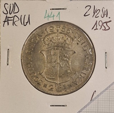 441 South Africa, Africa de Sud 2&amp;frac12; Shillings - Elizabeth II 1955, KM#51, argint, mare, buna foto