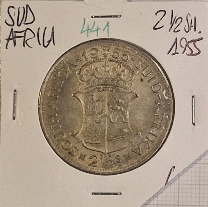 441 South Africa, Africa de Sud 2&frac12; Shillings - Elizabeth II 1955, KM#51, argint, mare, buna