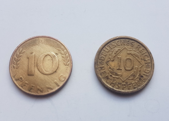 D355-2 Monede germania veche 10 Reichphenig 1929+10Phenig 1949. Bronz, cca 2 cm.