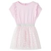 Rochie Copii Roz cu Volane, Imprimeu Inimi Stralucitoare, Maneci Scurte, Marime 92 (1.5-2 ani), Bumbac si Tul