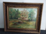 Tablou vechi &ndash; pictura originala in ulei sau guasa pe carton &ndash; Peisaj de primavara, semnat A. Jaszberenyi, Natura, Realism