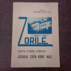 Revista Zorile nr.3-4/1968 revista literar stiintifica a liceului Cuza-Voda din Husi, numar festiv al semicentenarului