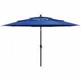 Umbrelă de soare 3 niveluri, st&acirc;lp de aluminiu, azuriu, 3,5 m