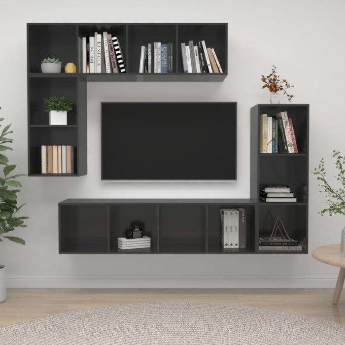 Gossi set de dulapuri tv, 4 piese, gri extralucios, lemn prelucrat