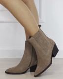 Botine Dama Piele Naturala Intoarsa Kaki Tip Ciocate, Cod 6350A 117, Toc Masiv 6 cm, Varf Ascutit