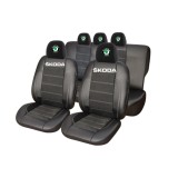 Set Huse Scaune Universale Din Piele Ecologică Si Alcantara Personalizate Cu Skoda, Negre
