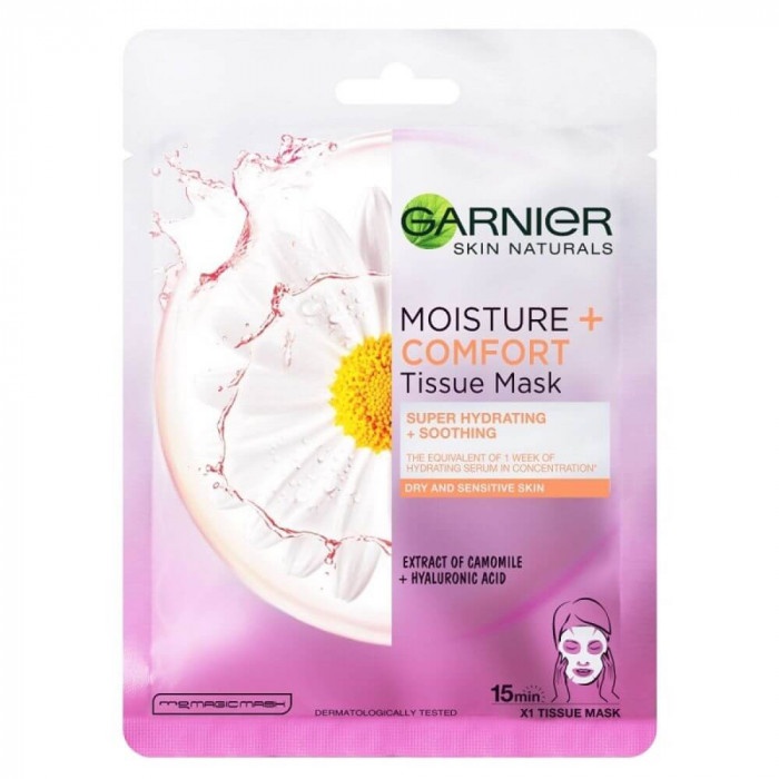 Masca Servetel Garnier Skin Naturals Moisture &amp; Comfort cu Musetel, 28 g, Masca Servetel Calmanta, Masca Hidratare Ten, Masca Servetel cu Musetel, Mas