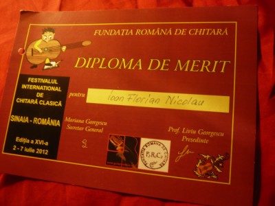 Diploma de Merit - Fundatia Romana de Chitara- Festival International 2012 foto