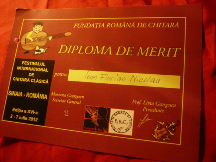 Diploma de Merit - Fundatia Romana de Chitara- Festival International 2012