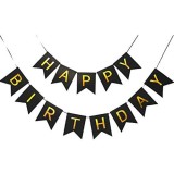 Banner happy birthday 100x200 cm, flippy, dimensiune stegulet 11.5x16.5 cm, rola de ata inclusa, negru