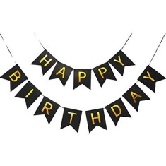 Banner happy birthday 100x200 cm, flippy, dimensiune stegulet 11.5x16.5 cm, rola de ata inclusa, negru