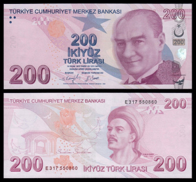 TURCIA █ bancnota █ 200 Lira █ 2009 █ P-227e █ Seria E █ UNC █ necirculata foto
