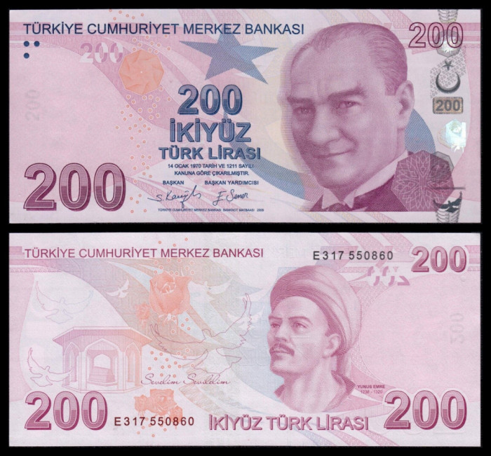 TURCIA █ bancnota █ 200 Lira █ 2009 █ P-227e █ Seria E █ UNC █ necirculata