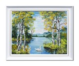 Cumpara ieftin Stefan Bilibou, tablou inramat peisaj din natura cu mesteceni si lebede, pictat manual 50x60cm ulei pe panza