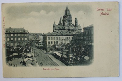 GRUSS AUS MAINZ - GUTENBERG - PLATZ - CARTE POSTALA ILUSTRATA , EMBOSATA , MONOCROMA , NECIRCULATA , CLASICA foto