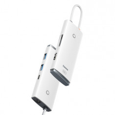 Baseus Lite Series HUB multifuncțional USB tip C - 2 x USB 3.0 / USB tip C PD / HDMI 1.4 / SD / TF alb (WKQX050102)