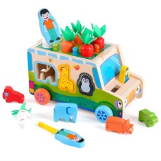 Jucarie Educativa Montessori, Flippy, Model Masinuta Educativa din Lemn 6 in 1, Sortator Forme, 1&ndash;3 ani, 23.7 x 17.5 x 12 cm, Multicolor