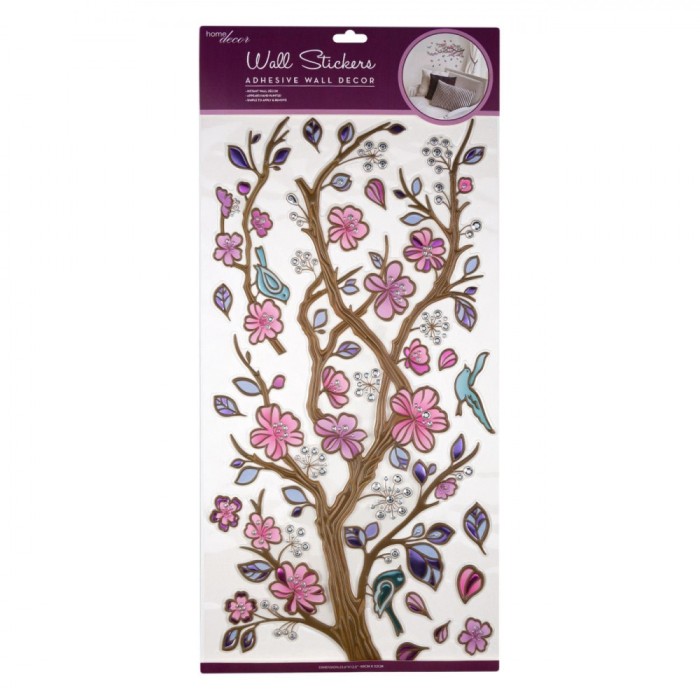 Autocolant de Perete 3D, Model Copac cu Flori, Culoare Roz, Dimensiuni 60x32 cm