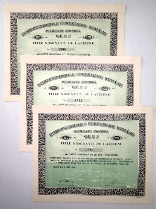 1934 Lot (3 buc.) INTREPRINDERILE FORESTIERE ROMANE 200 lei