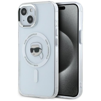 Husa pentru iPhone 15 - Karl Lagerfeld IML MagSafe (KLHMP15SHLSKIH) - White Metal Karl`s Head foto