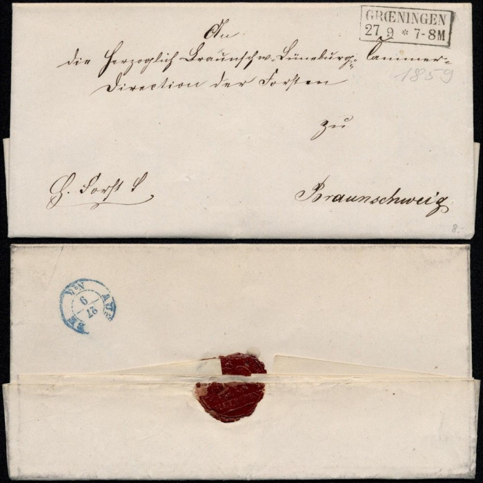 Germany 1859 Stampless Cover + Content Groeningen Braunschweig DB.326